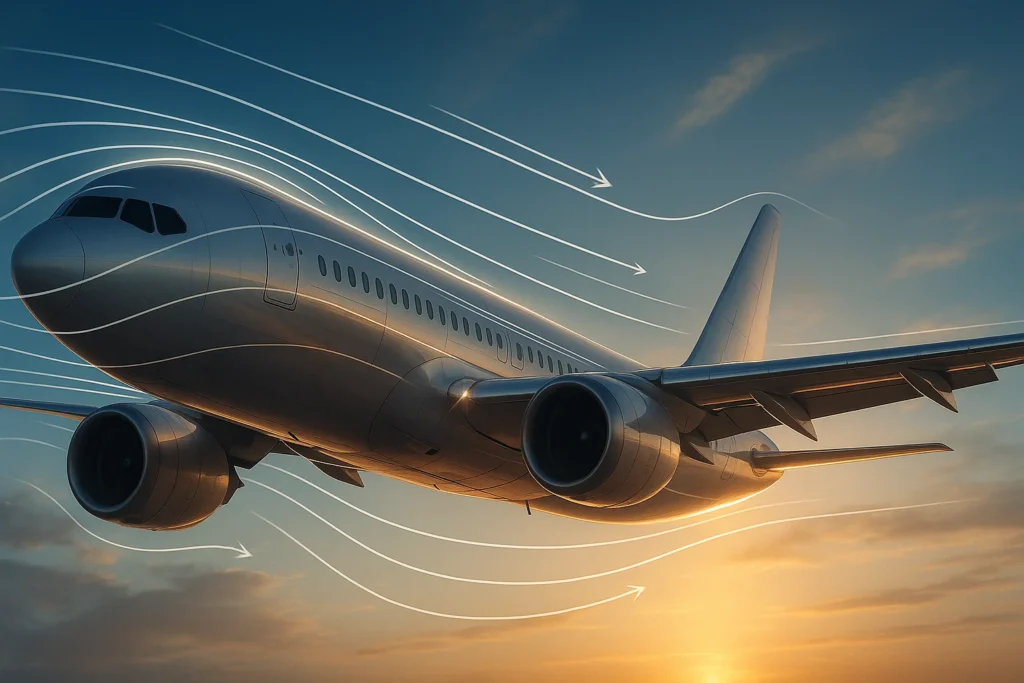 Aeronave moderna em voo com elementos de engenharia aviação, céu azul e pôr do sol dourado ao fundo