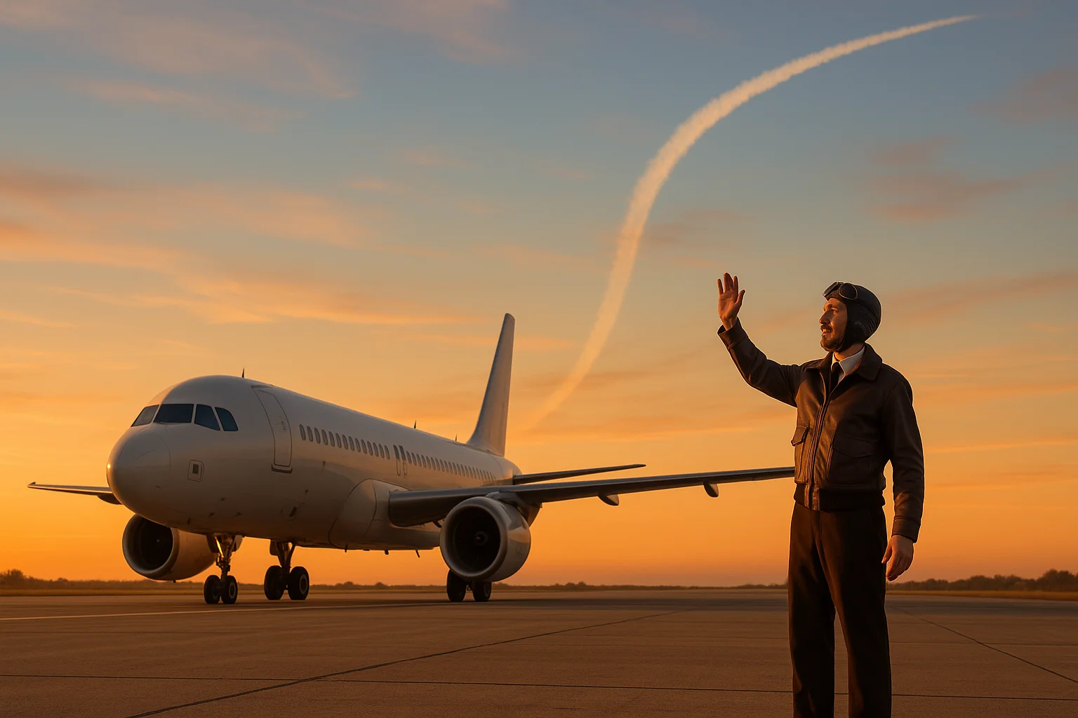 Aeronave moderna na pista de aeroporto ao amanhecer, piloto acenando, rastro de condensação, refletindo curiosidades inusitadas aviação