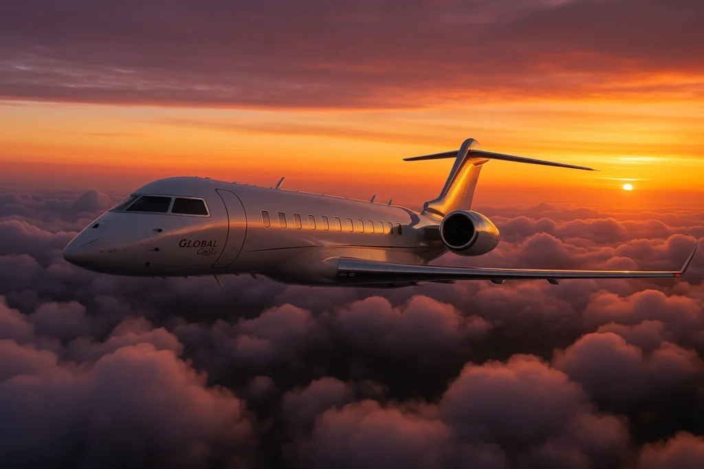 Fotografia aérea fotorealista do Canadá encomenda 6 Global 6500 em voo de cruzeiro ao entardecer, destacando o impacto na manutenção da aviação.
