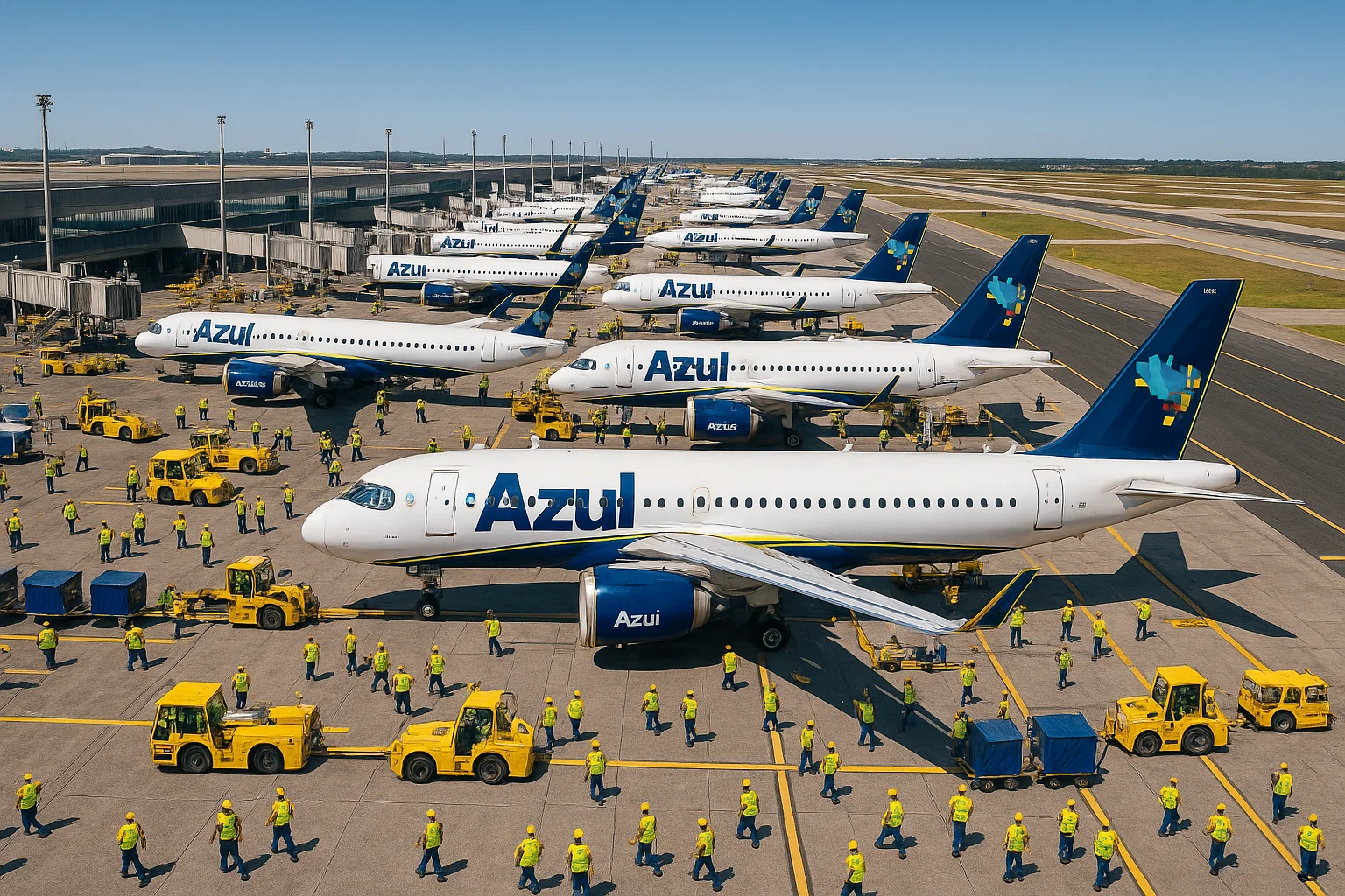 Fotografia aérea de um aeroporto com aviões Azul terá 24 voos, atividades intensas e céu azul claro no horário de pico