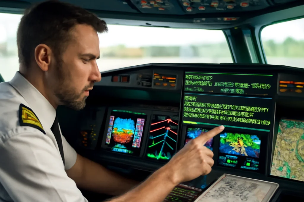 Piloto verificando instrumentos e relatórios meteorológicos antes de decolar, destacando antes de decolar 7 checagens de METAR/TAF/NOTAM