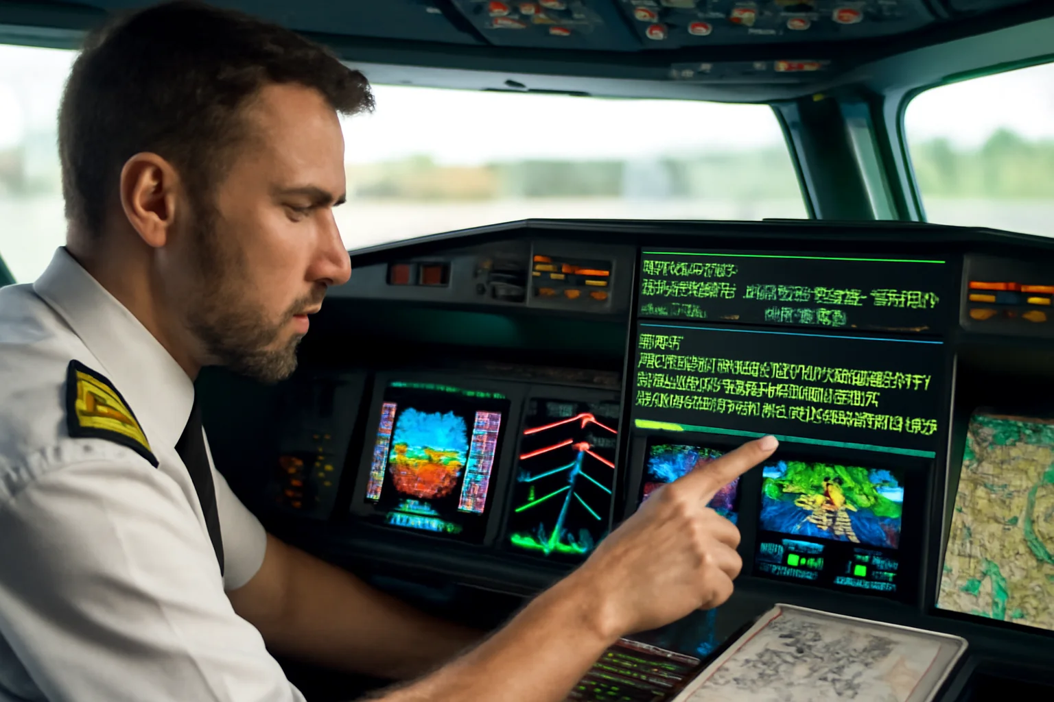 Piloto verificando instrumentos e relatórios meteorológicos antes de decolar, destacando antes de decolar 7 checagens de METAR/TAF/NOTAM