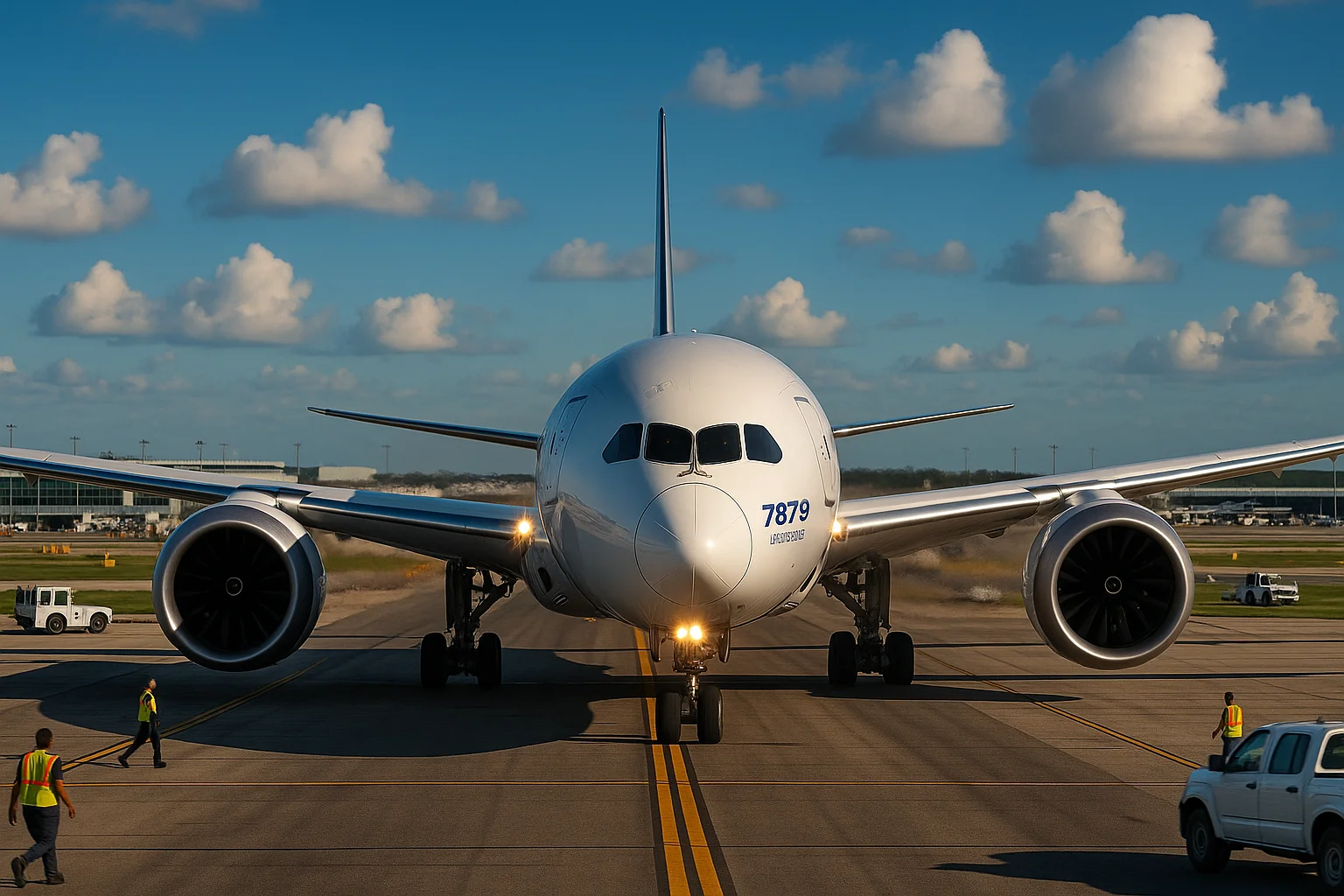 Boeing 787-9 Dreamliner na pista, com atividades ao redor, sob céu azul vibrante - LATAM 787 9 segue.