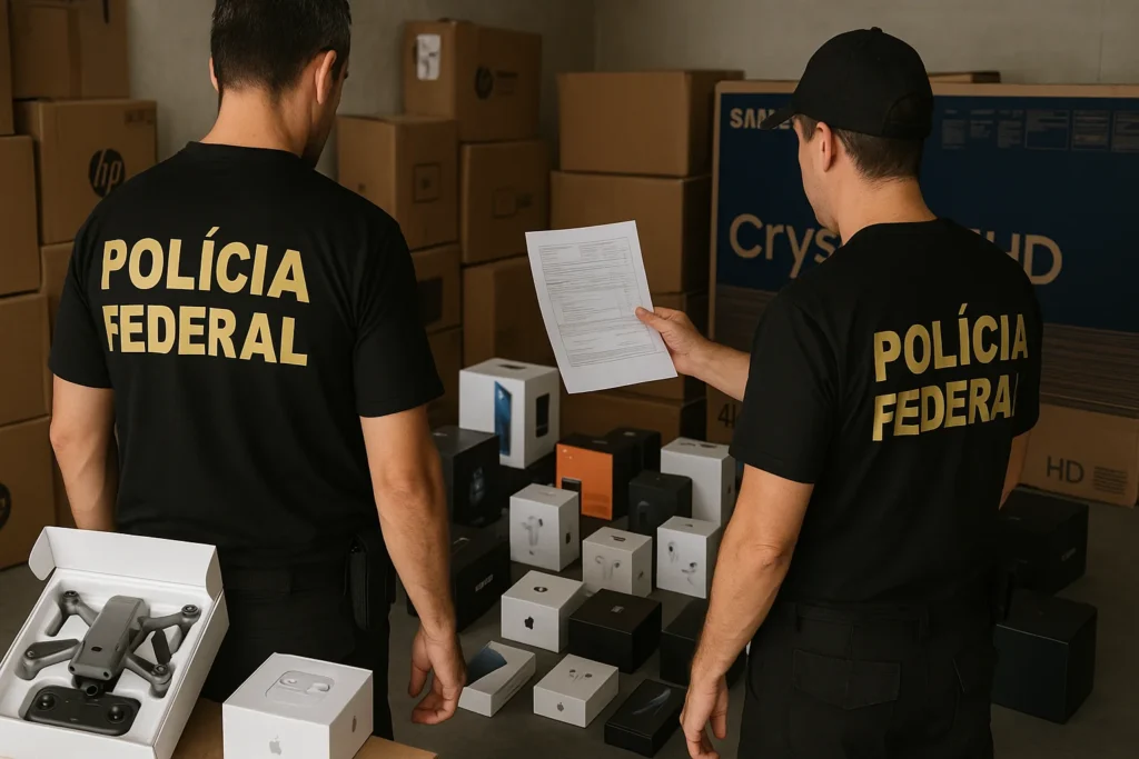 Imagem de capa horizontal 16:9 representando PF apreende eletrônicos sem nota em Fortaleza, destacando a importância da comprovação fiscal relacionada à palavra-chave 'pf apreende eletrônicos nota'.