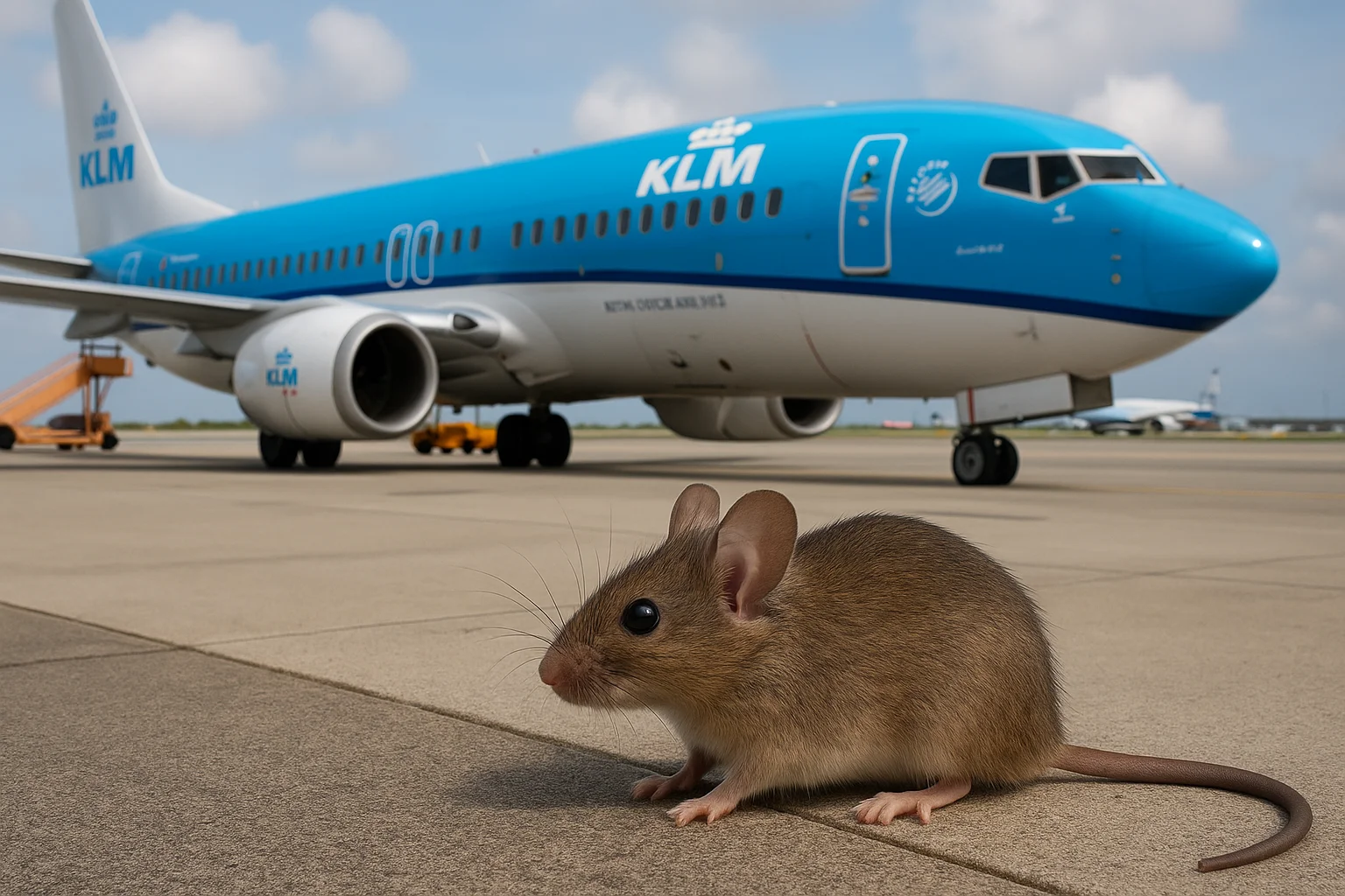 Imagem horizontal 16:9 de um rato a bordo em voo KLM AMS-Aruba, ilustrando o incidente que cancelou conexões e retém 250 passageiros