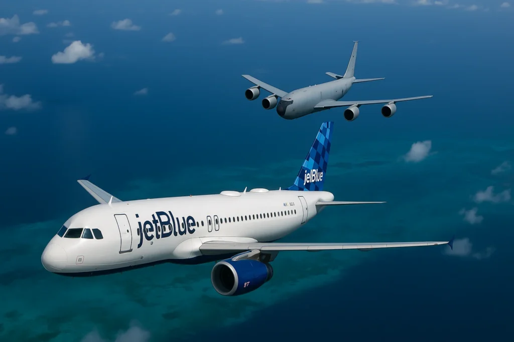 Imagem de capa horizontal 16:9 ilustrando o relato da JetBlue sobre avião-tanque próximo no Caribe, destacando a atenção à separação