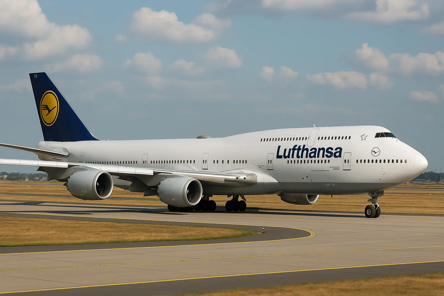 Capa horizontal 16:9 representando a venda de 2 Boeing 747-8 pela Lufthansa sem textos escritos, destaque na palavra-chave 'lufthansa vende 2 boeing'.