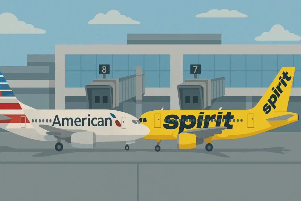 Imagem de capa horizontal 16:9 representando a entrada do American no processo da Spirit, com gates em Chicago, destacando a palavra-chave American entra processo spirit