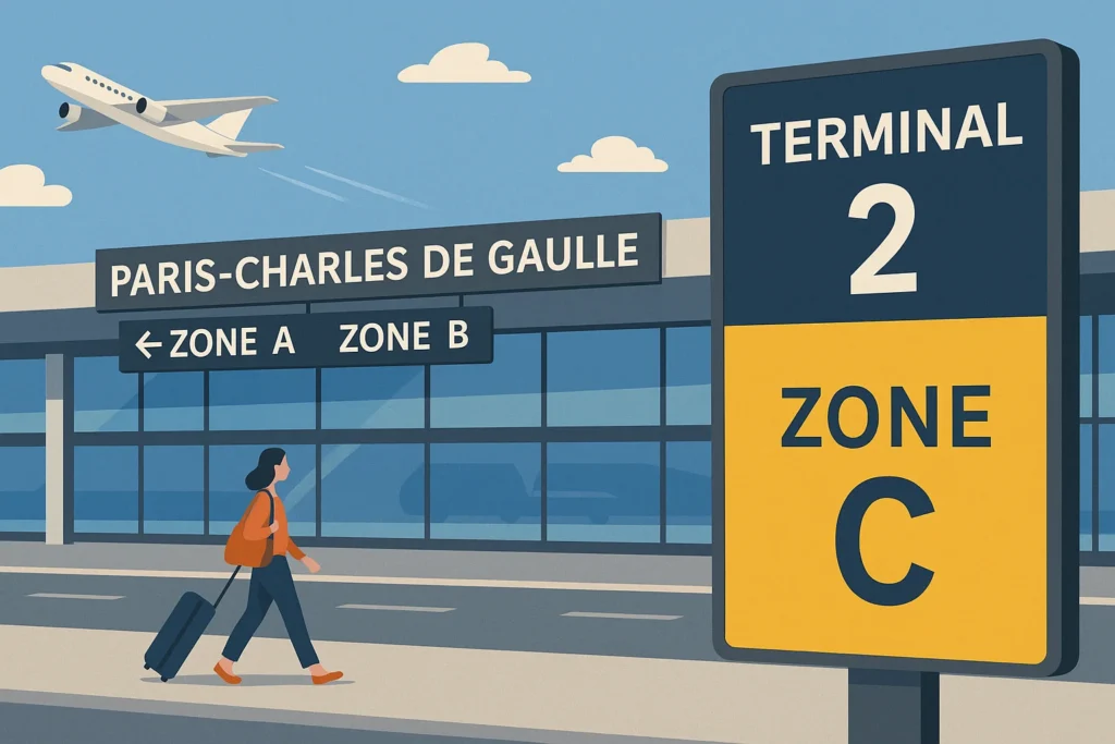 Imagem de capa horizontal 16:9 representando a mudança de nomes dos terminais no Paris–Charles de Gaulle, com destaque para 'paris charles gaulle muda'.