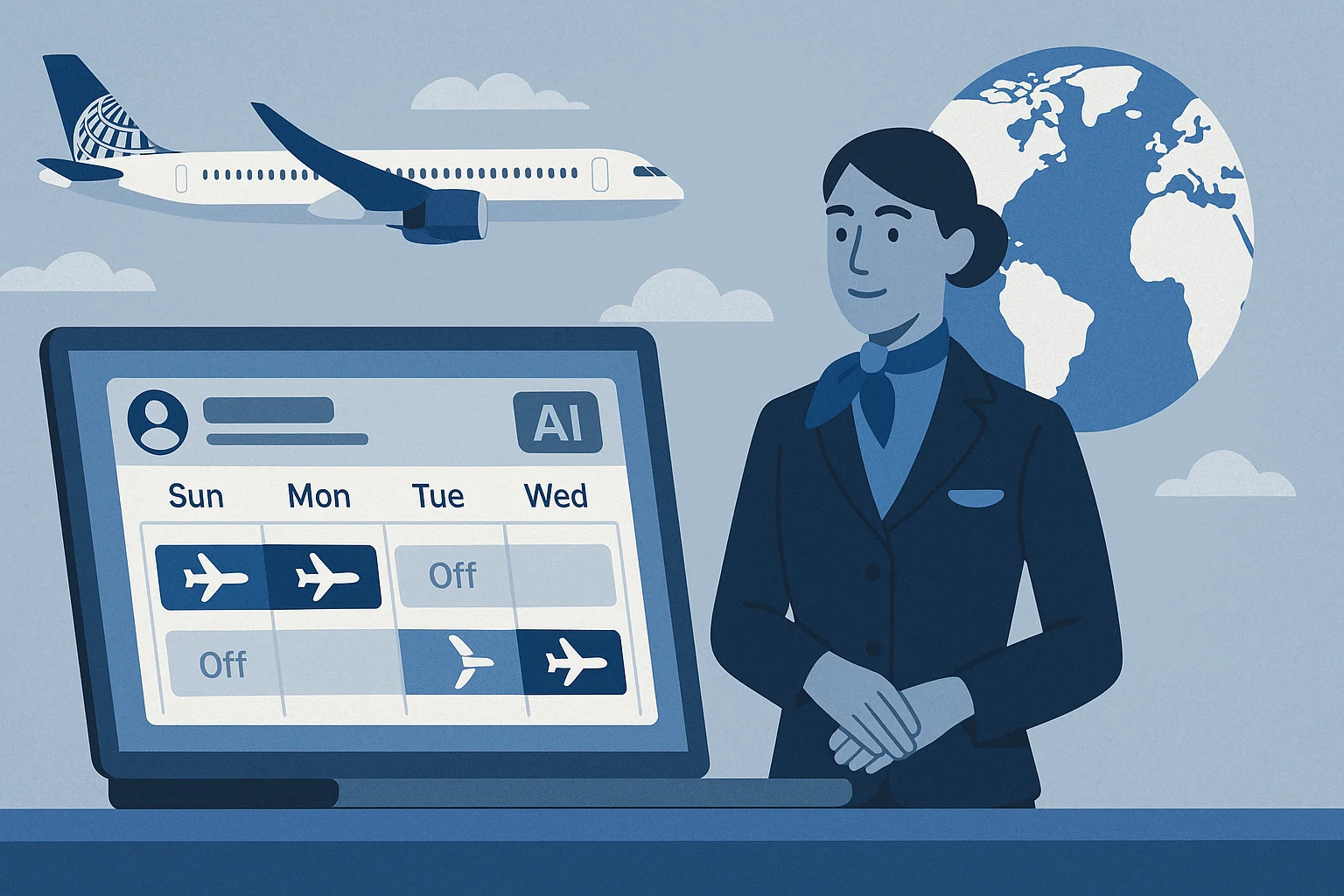 Imagem horizontal 16:9 representando a United volta a propor escala por IA, destacando as mudanças para comissários de voo.