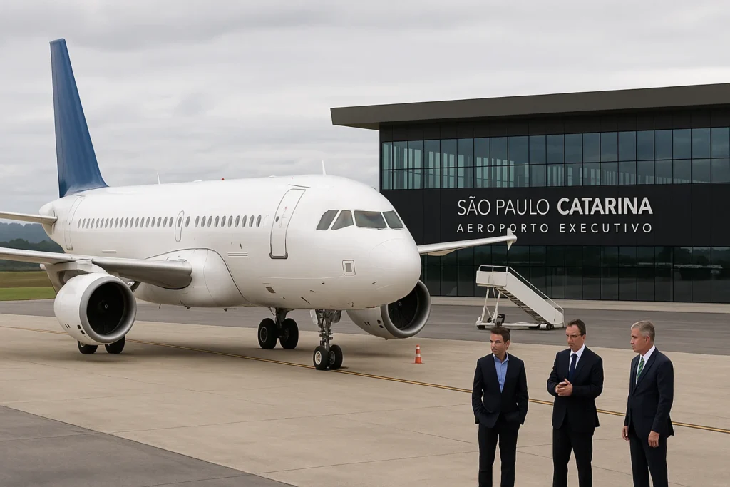 Imagem representando o governo avaliando voos comerciais no Aeroporto Catarina, relacionada a notícias da aviação.