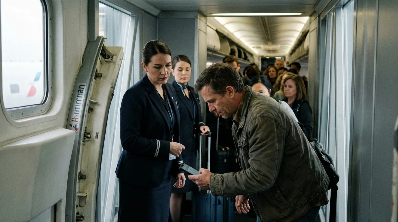 Comissária identifica contorna gravação suspeita, ao lado de passageiro no embarque de avião American Airlines