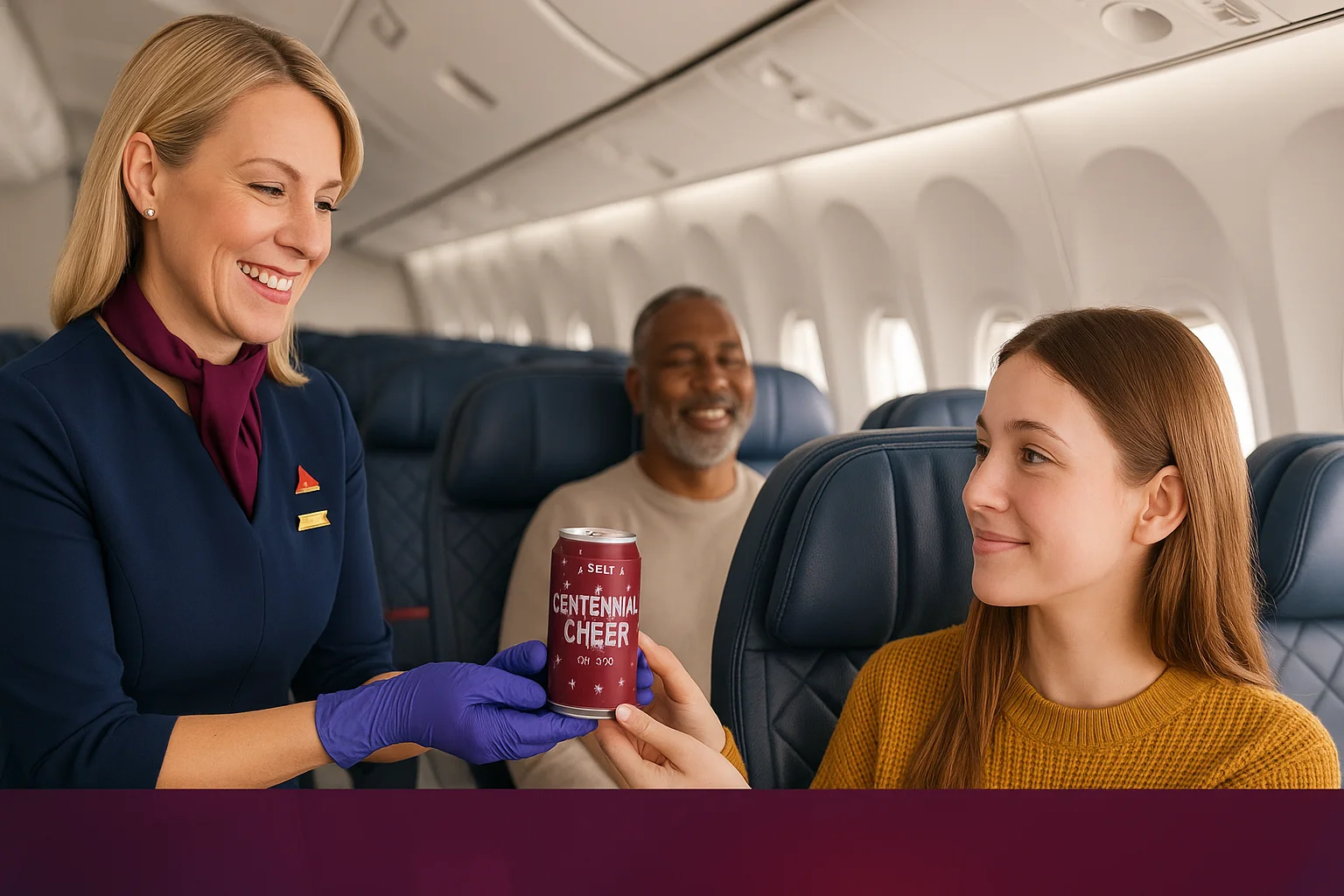 Imagem horizontal 16:9 ilustrando o Delta lança Centennial Cheer promovendo gentileza a bordo