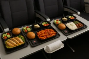 Imagem representando Turkish Airlines 3 opções de refeição e toalhas quentes na classe econômica, em layout horizontal 16:9