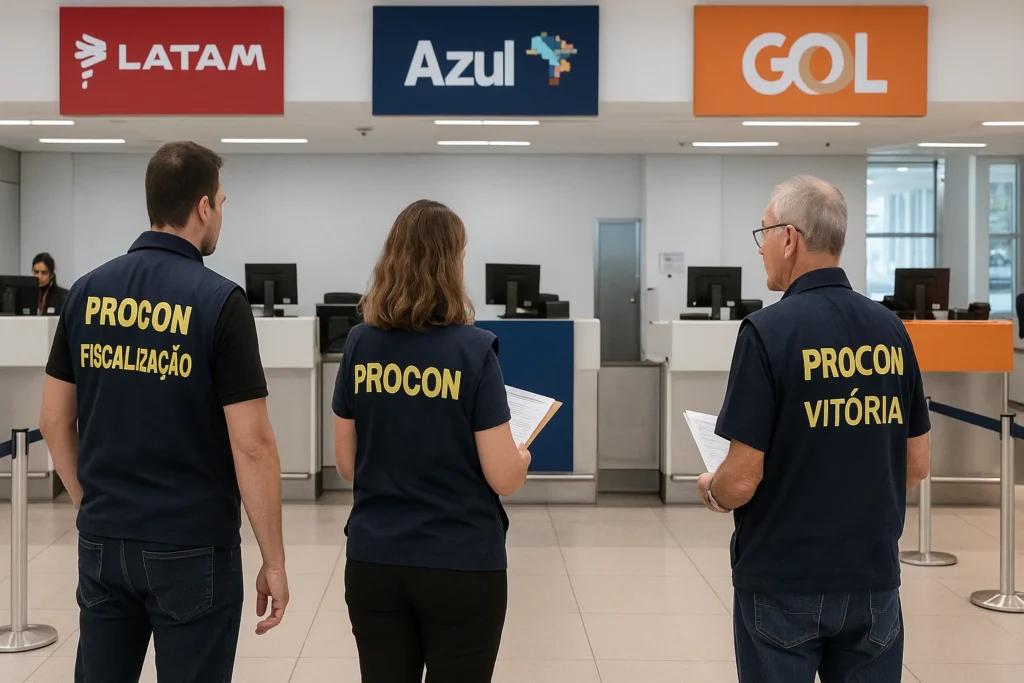 Imagem de capa horizontal 16:9 representando Procon autua Latam e notifica Azul e Gol no Aeroporto de Vitória, com destaque para a palavra-chave 'procon autua latam notifica'.