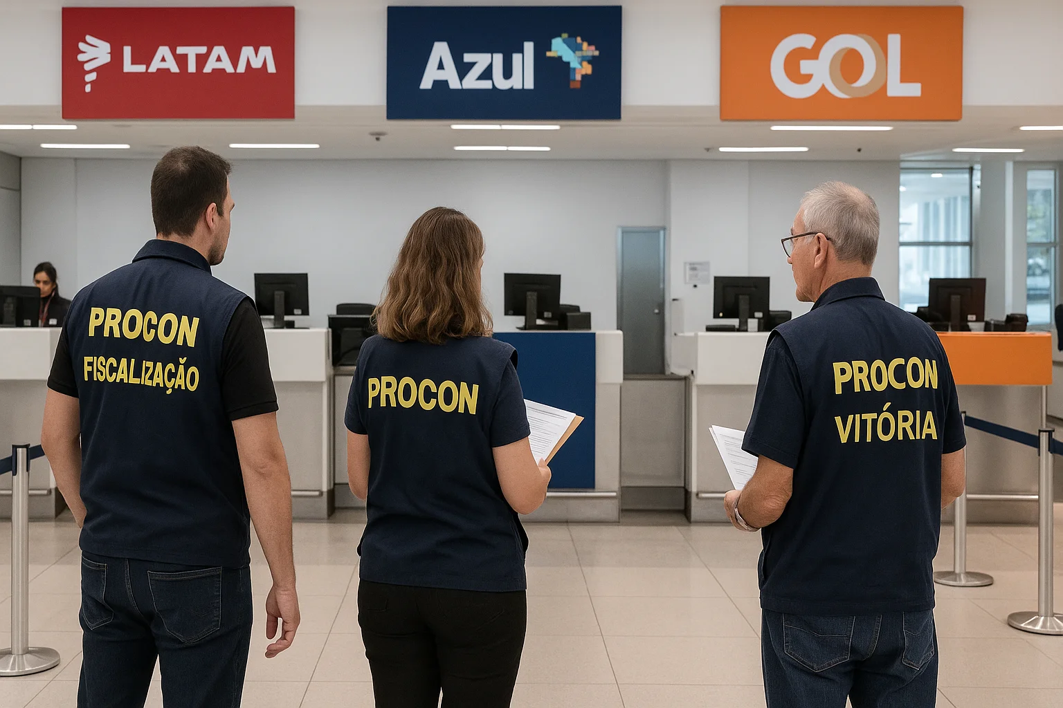 Imagem de capa horizontal 16:9 representando Procon autua Latam e notifica Azul e Gol no Aeroporto de Vitória, com destaque para a palavra-chave 'procon autua latam notifica'.