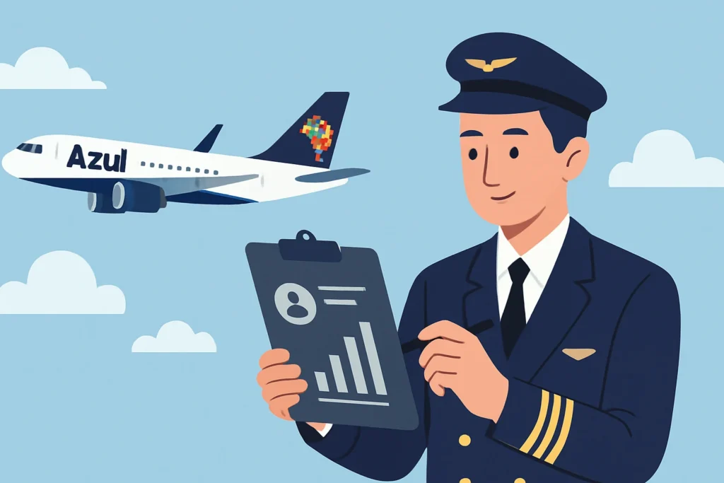 Imagem capa horizontal 16:9 representando nomes que mais voaram na Azul, destacando a importância para profissionais da aviação