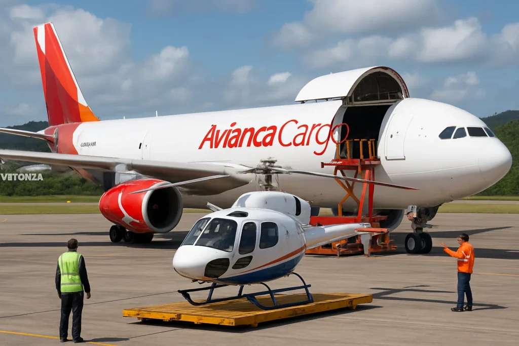 Imagem de capa horizontal 16:9 mostrando a entrega do helicóptero pela Avianca Cargo em Vitória
