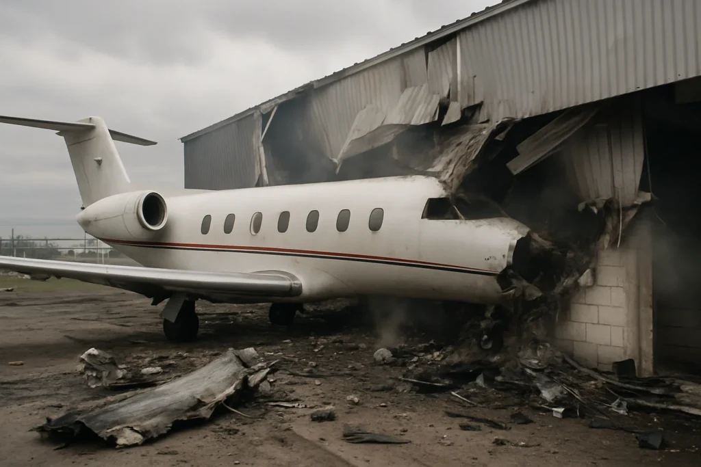 Imagem de capa horizontal 16:9 mostrando um avião 10 bordo atinge galpão perto de Toluca, notícia da aviação