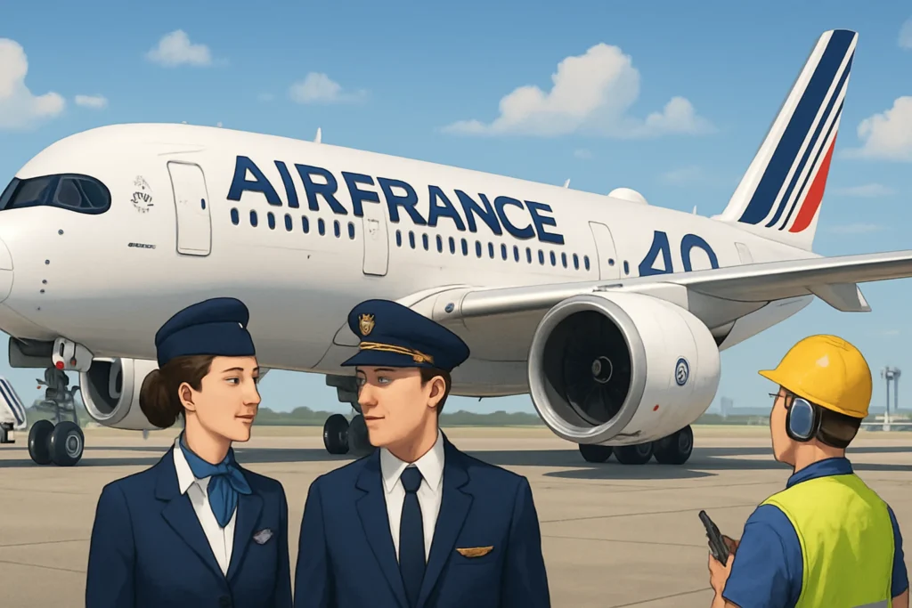 Capa horizontal 16:9 ilustrando a chegada do Air France a 40 A350, destacando o impacto na manutenção e tripulação.