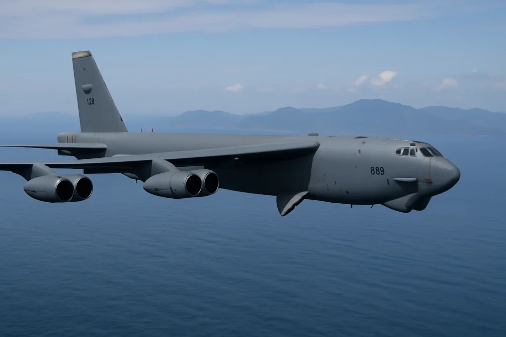Imagem de capa horizontal 16:9 mostrando EUA voam com B-52 sobre o Mar do Japão, simbolizando notícias da aviação e impacto para pilotos, destacando a palavra-chave EUA voam b 52.