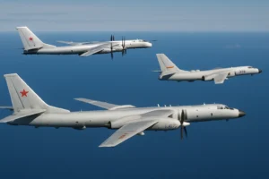 Imagem da patrulha de bombardeiros Rússia-China perto do Japão, destacando a atividade aérea na região