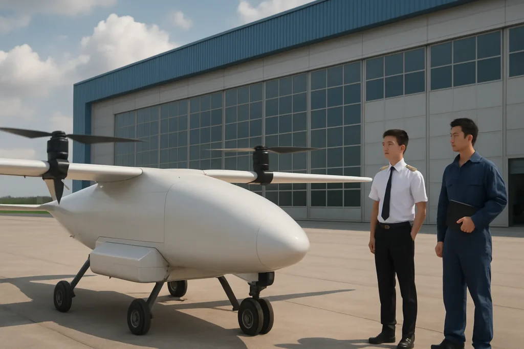 Imagem de capa horizontal 16:9 representando a conclusão do drone cargueiro de 2 toneladas na China, sem textos escritos, destacando a inovação.