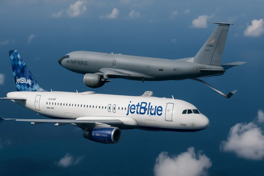 Imagem horizontal 16:9 representando JetBlue evitando quase colisão com KC-135 no Caribe, destacando risco para pilotos. Palavra-chave: jetblue evita quase colisão.