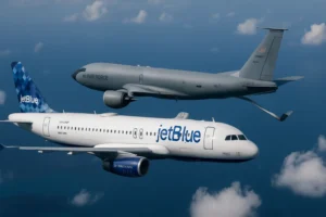 Imagem horizontal 16:9 representando JetBlue evitando quase colisão com KC-135 no Caribe, destacando risco para pilotos. Palavra-chave: jetblue evita quase colisão.