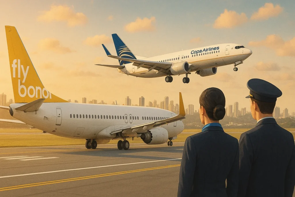 Imagem representando a inauguração da Flybondi na rota BA–Salvador, com destaque para impacto nas tripulações, sem textos escritos