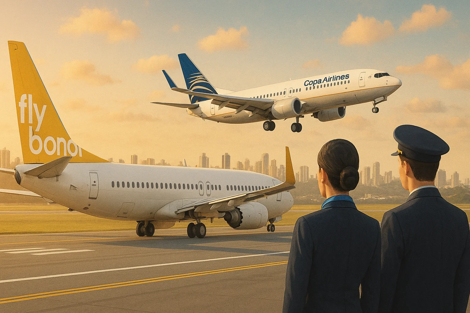 Imagem representando a inauguração da Flybondi na rota BA–Salvador, com destaque para impacto nas tripulações, sem textos escritos