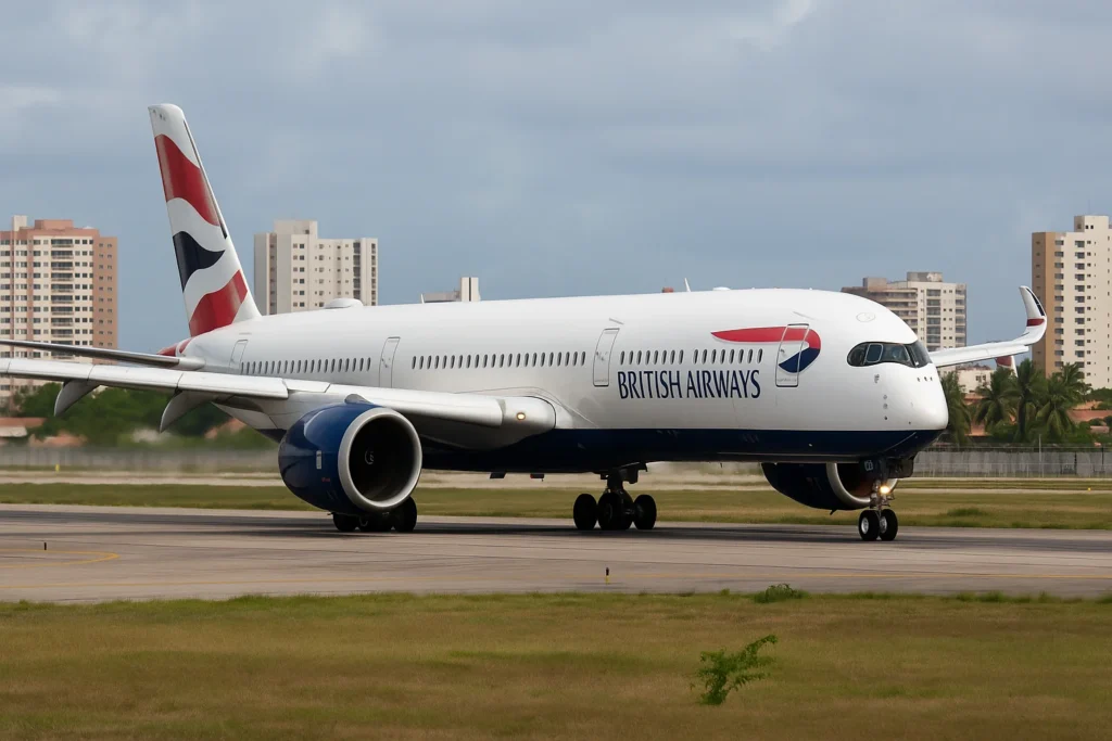 Imagem de capa horizontal 16:9 mostrando um British Airways A350 desviando para Fortaleza devido à agressão a um comissário, sem textos escritos.