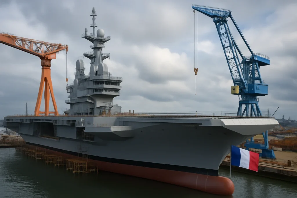 Imagem de capa representando a autorização da França para construção do porta-aviões nuclear PANG, símbolo da nova geração naval.