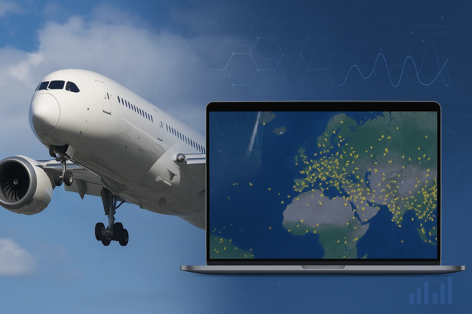 Imagem horizontal representando a parceria Boeing e Flightradar24 no monitoramento aéreo global com dados ADS-B