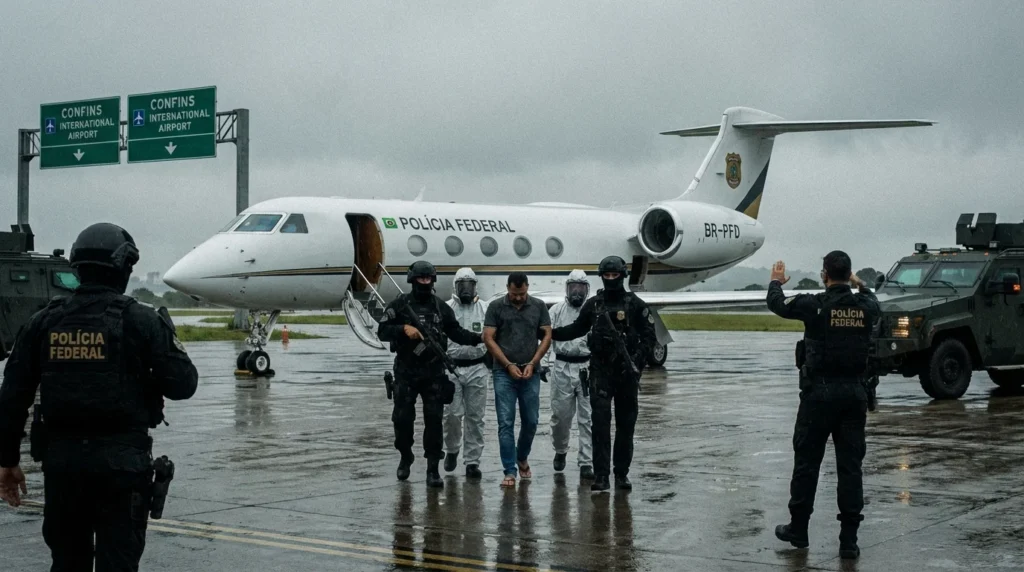 Imagem mostra chegada da Polícia Federal ao aeroporto de Confins, extraditando foragido da Espanha com segurança