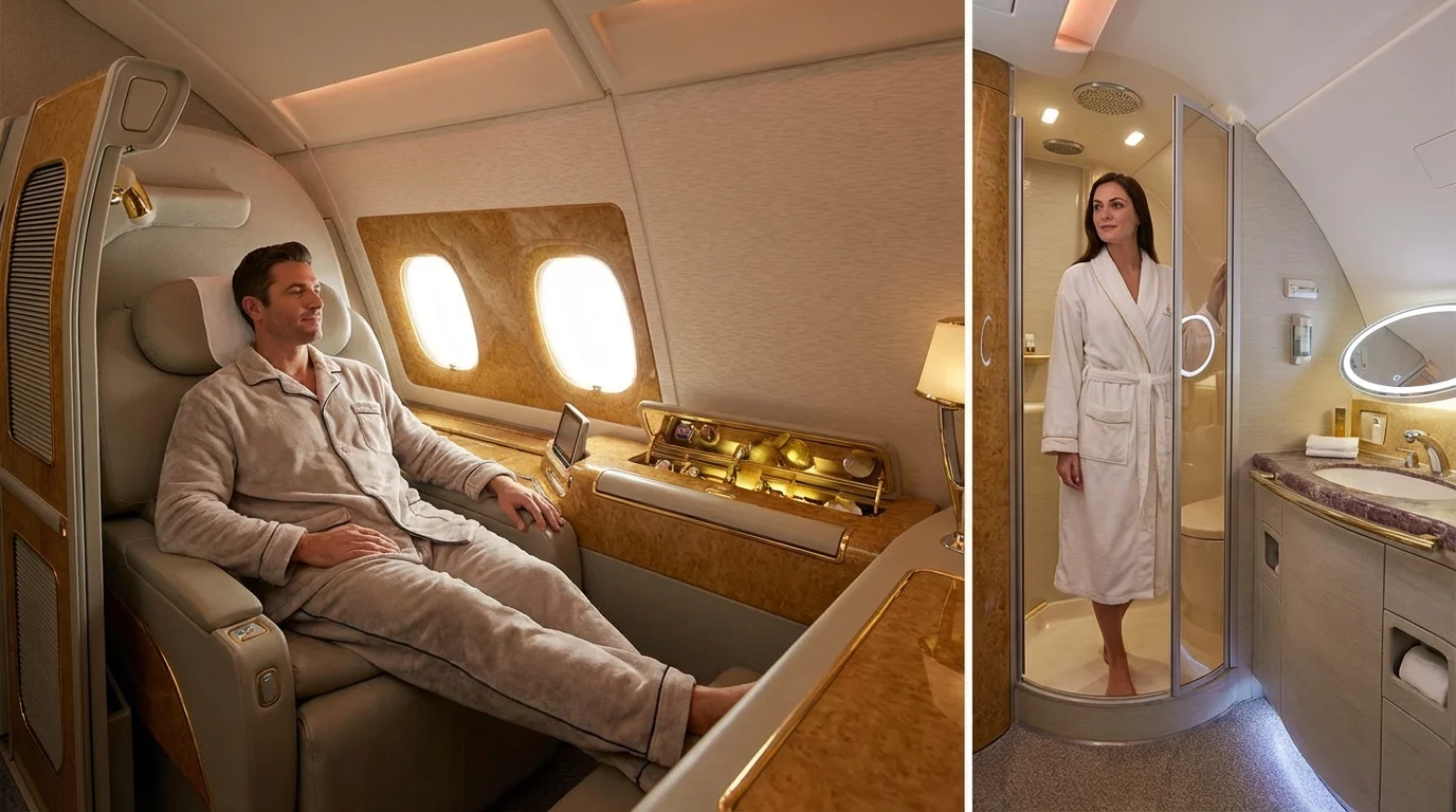 Imagem de capa horizontal 16:9 representando Emirates lança upgrades na Primeira Classe, destacando novos pijamas e Shower Spa no A380.