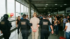 Imagem de capa horizontal 16:9 mostrando Aeroporto Galeão com autoridade policial prendendo um holandês após voo de Lisboa, sem textos escritos.