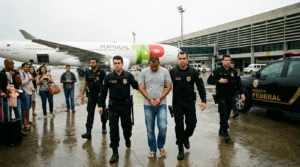 Imagem do aeroporto Galeão com ação da PF prendendo foragido desembarcado de voo de Lisboa, destaque à palavra-chave aeroporto galeão pf prende