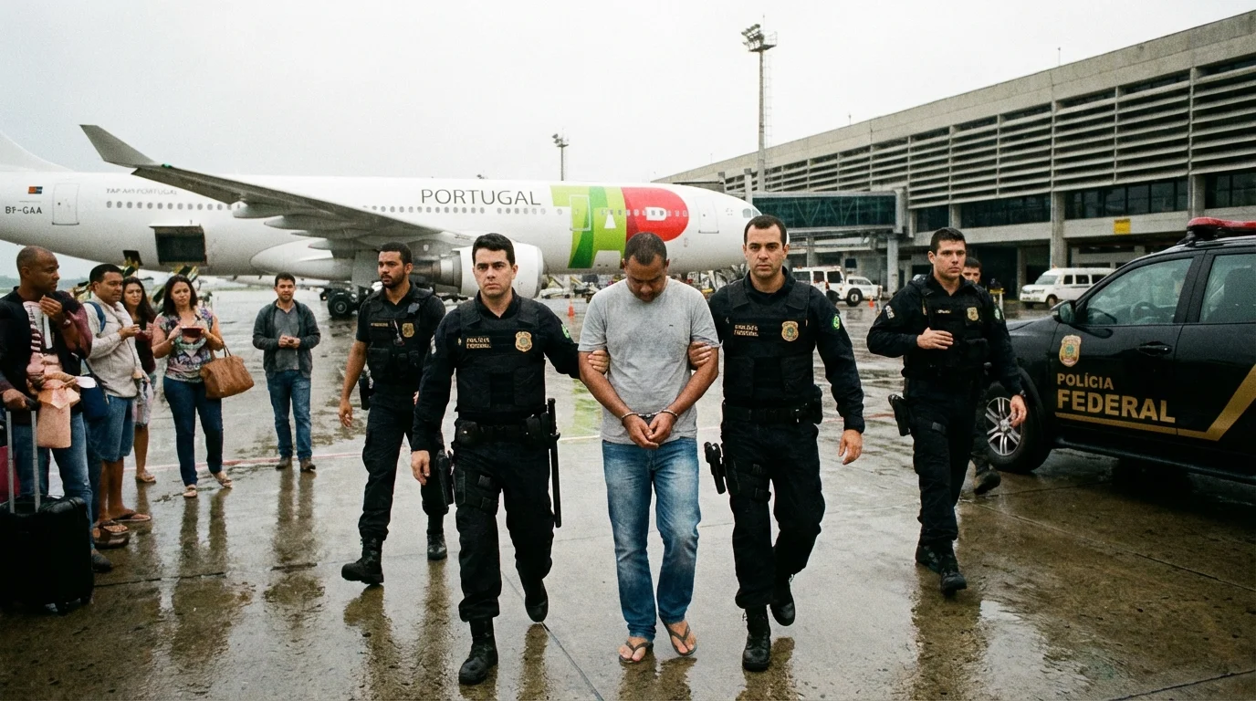 Imagem do aeroporto Galeão com ação da PF prendendo foragido desembarcado de voo de Lisboa, destaque à palavra-chave aeroporto galeão pf prende