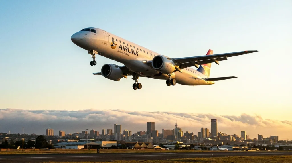 Imagem de capa horizontal 16:9 representando Airlink estreia Embraer E195-E2 em Joanesburgo, destacando mais assentos e alcance