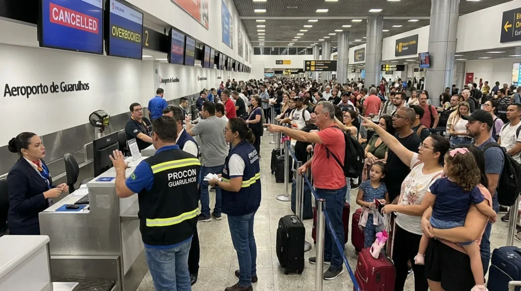 Imagem de capa horizontal 16:9 representando Procon Guarulhos fiscaliza overbooking e falhas no Aeroporto de Guarulhos, sem textos escritos.
