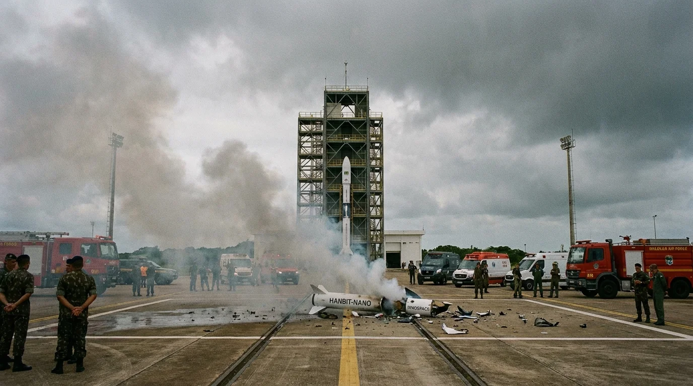Representação visual da FAB confirma colisão do foguete Hanbit-Nano em Alcântara após anomalia, sem textos escritos