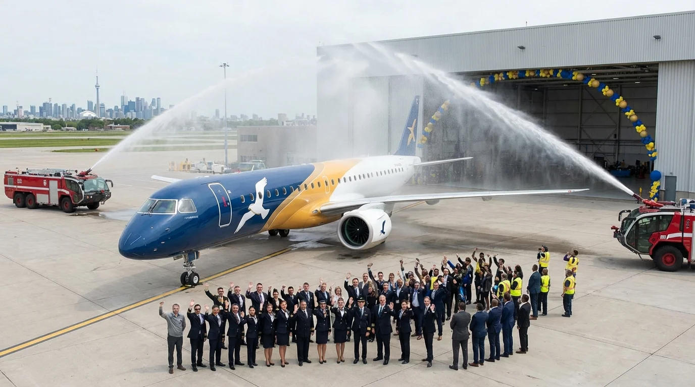 Imagem de capa horizontal 16:9 ilustrando a entrega do 50º Embraer E195-E2 à Porter Airlines, destacando o momento da entrega da aeronave.