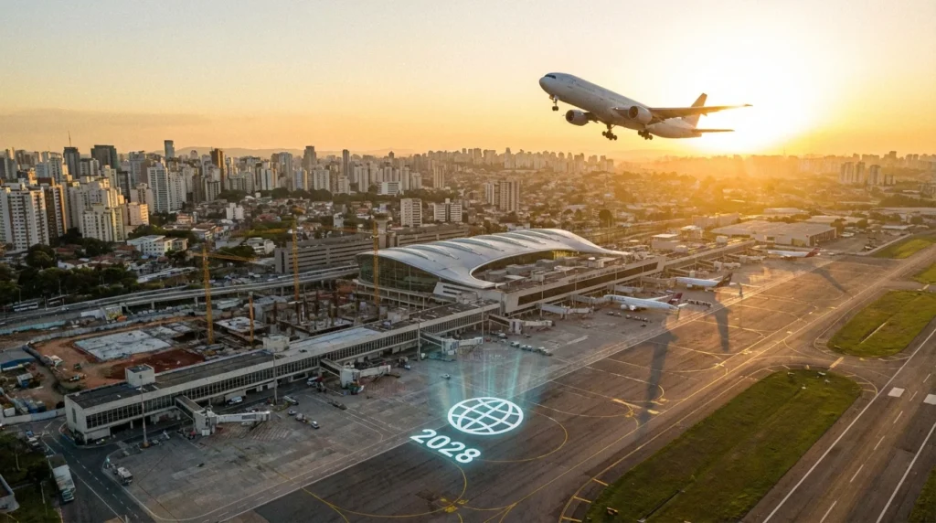 Imagem horizontal que representa Congonhas recebe parecer favorável para voos internacionais, com foco na expectativa para 2028.