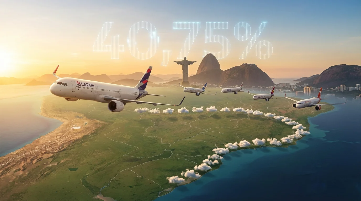 Imagem de capa horizontal 16:9 representando LATAM lidera mercado doméstico há 34 meses, com destaque para a liderança consistente da LATAM.