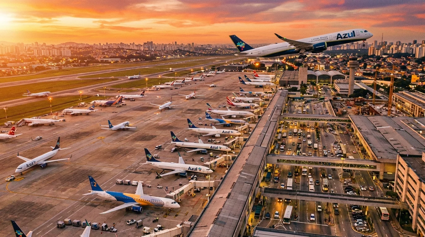 Cena de aviação brasileira rumo ao crescimento, com aviões, passageiros e aeroporto ao pôr do sol