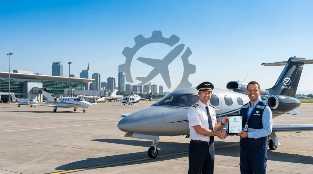 Imagem representando a criação da categoria Operador Simples pela ANAC no táxi-aéreo, modernizando certificação, com destaque na palavras-chave.