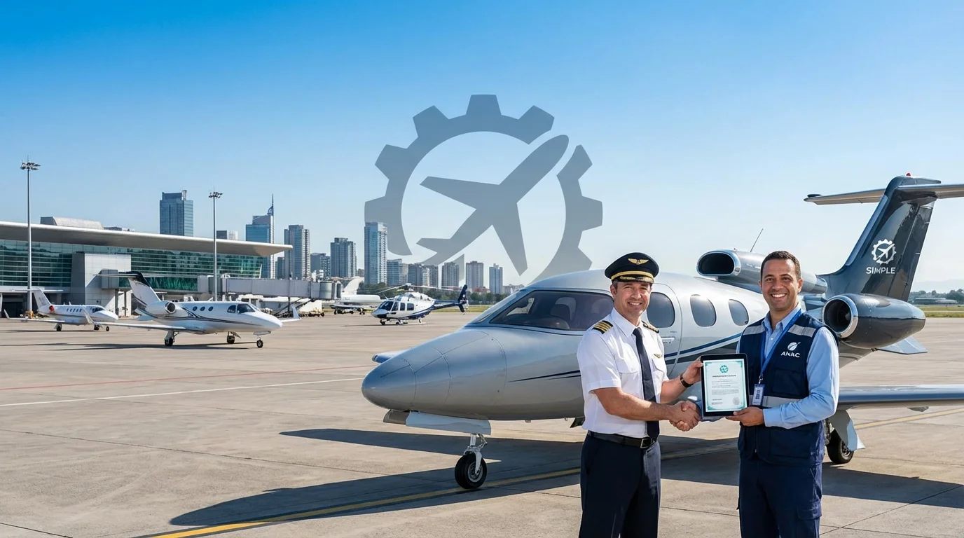 Imagem representando a criação da categoria Operador Simples pela ANAC no táxi-aéreo, modernizando certificação, com destaque na palavras-chave.