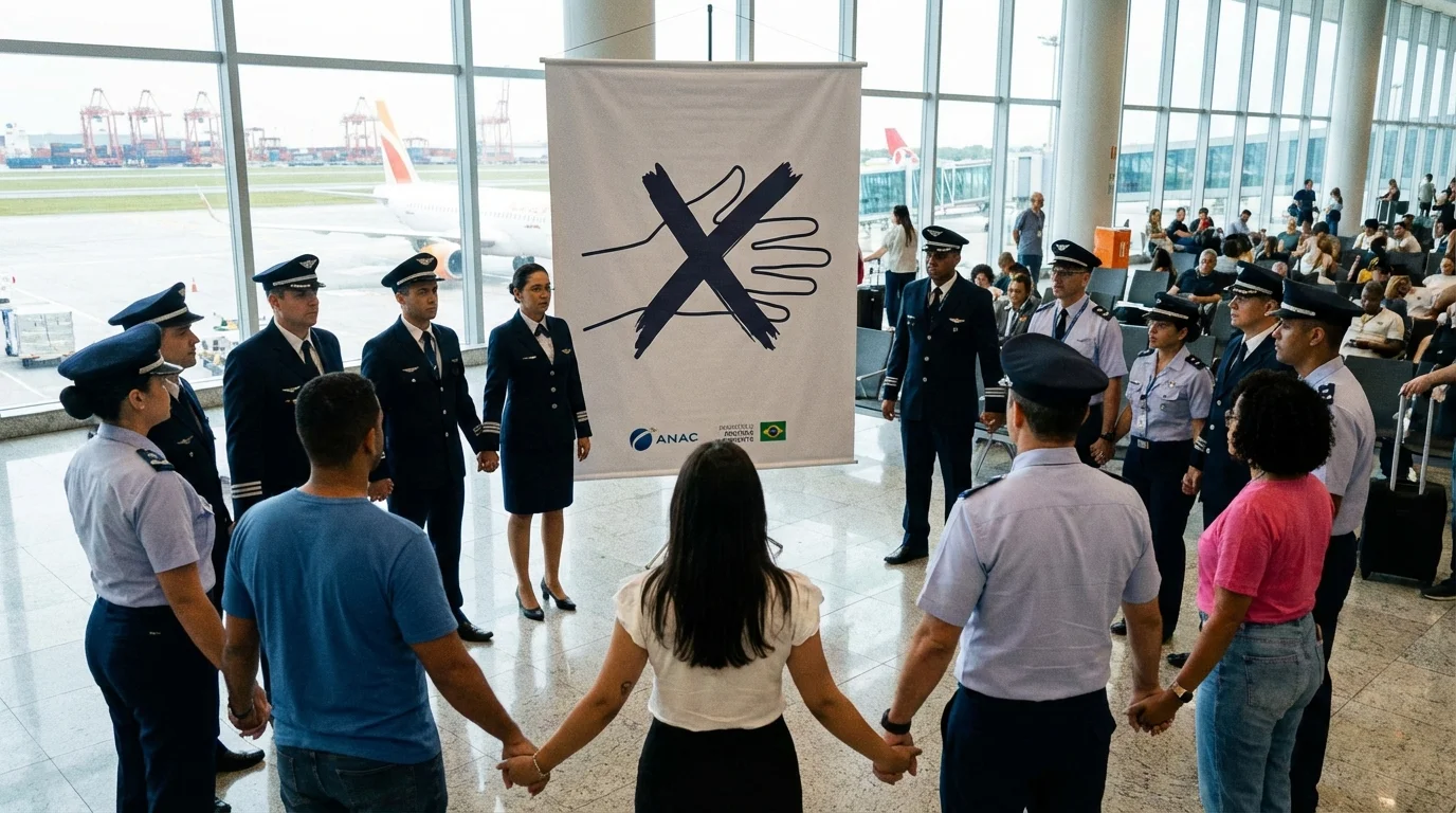 Imagem representando a campanha ANAC e Ministério de Portos iniciam contra assédio, com elementos visuais de aeroportos e portos, sem textos escritos