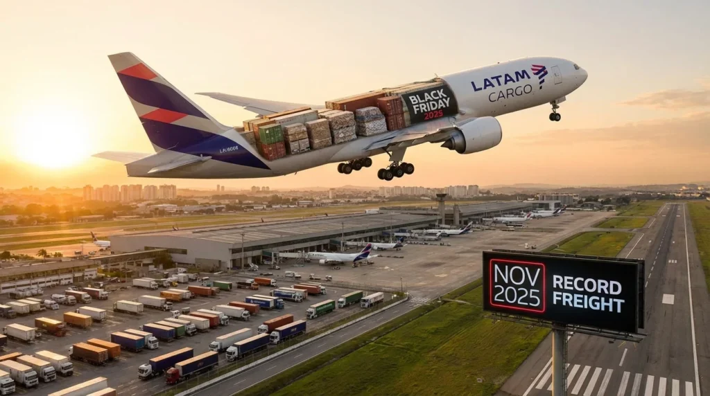 Imagem horizontal 16:9 representando notícias da aviação com destaque para LATAM Cargo durante a Black Friday 2025 no Brasil